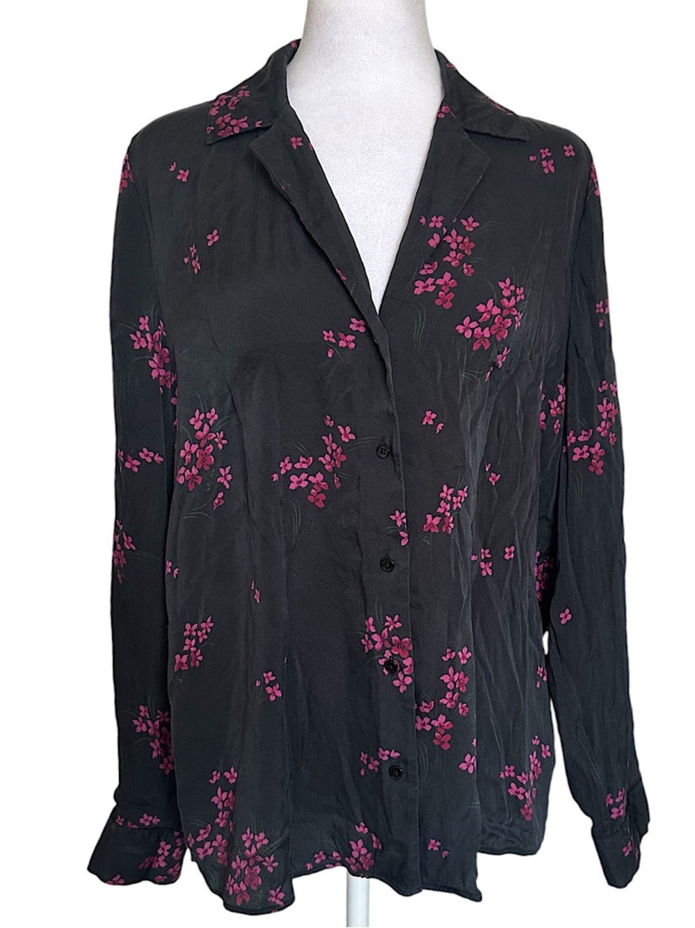 Quince Washable Stretch Silk Notch stretch Collar Blouse Women’s Size L Black